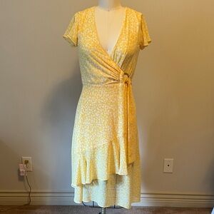Michael Kors Yellow Floral Wrap Dress with Ruffle Hem
